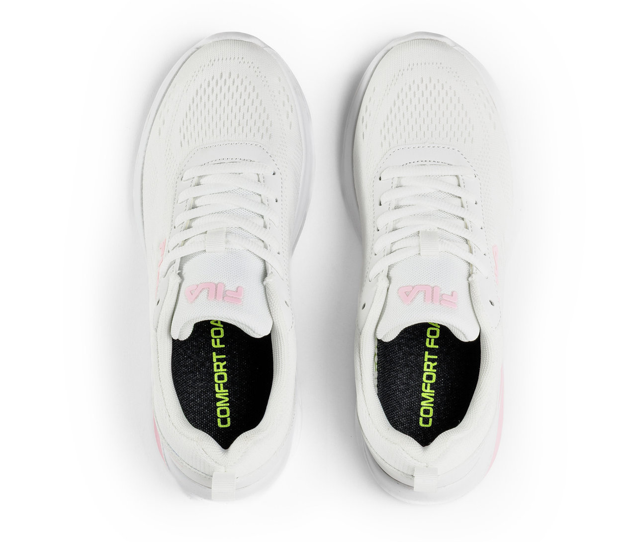 Zwei weiße FILA Specctris Damen-Sneaker liegen nebeneinander.