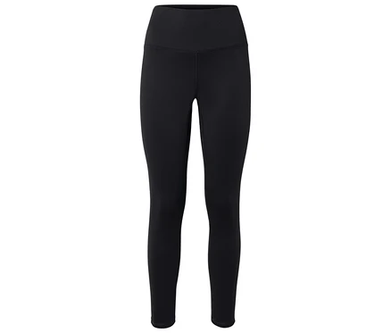 Schwarze Leggings mit hohem Bund liegen auf einem weißen Hintergrund.