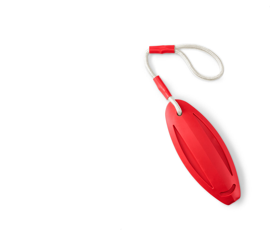 Rotes Hunde-Wasserspielzeug mit weißer Schnur.