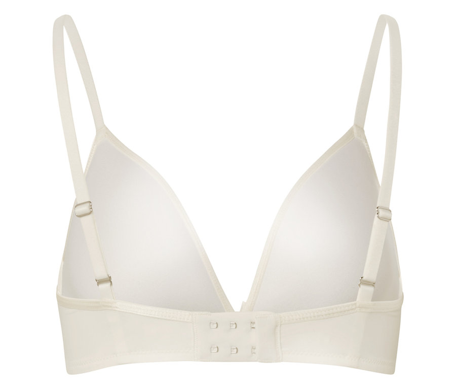 Nahaufnahme der Rückseite eines weißen BHs mit verstellbaren Trägern und Hakenverschluss.