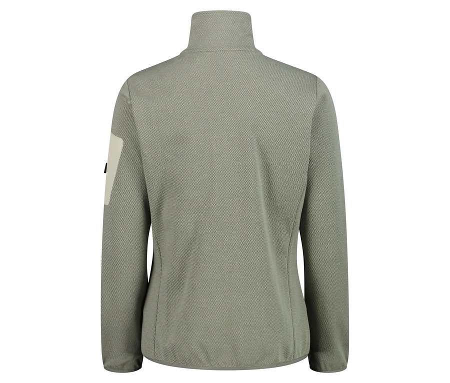 Rückansicht einer khaki-farbenen Fleecejacke mit hohem Kragen und durchgehendem Reißverschluss.