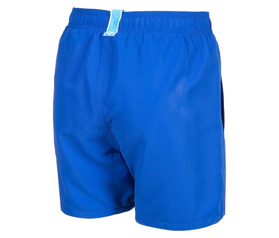 Nahaufnahme der Rückseite einer blauen Badehose mit hellblauem Bund.