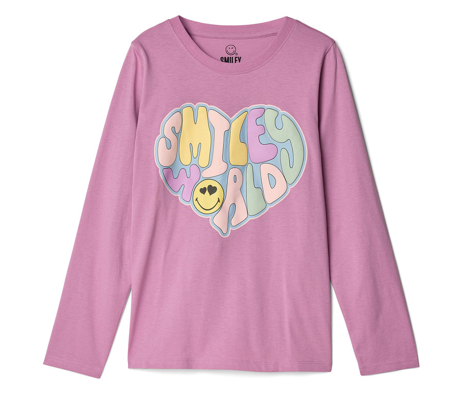 Rosa Langarmshirt mit mehrfarbigem Smiley World Herz-Aufdruck.
