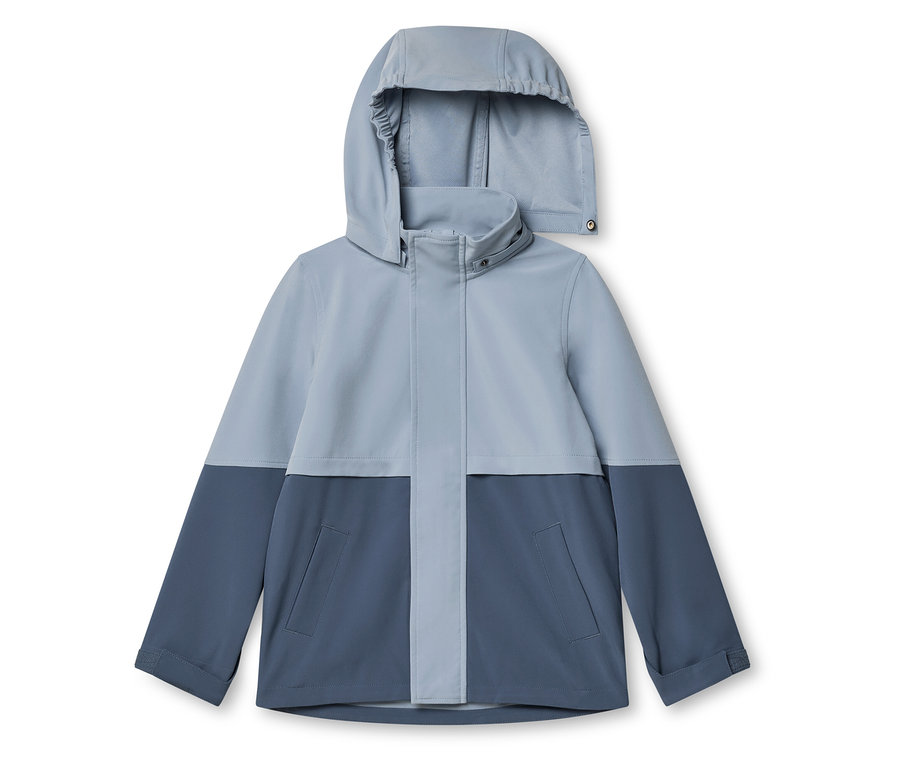 Zweifarbige Jacke in Blau mit Kapuze, frontal aufgenommen.