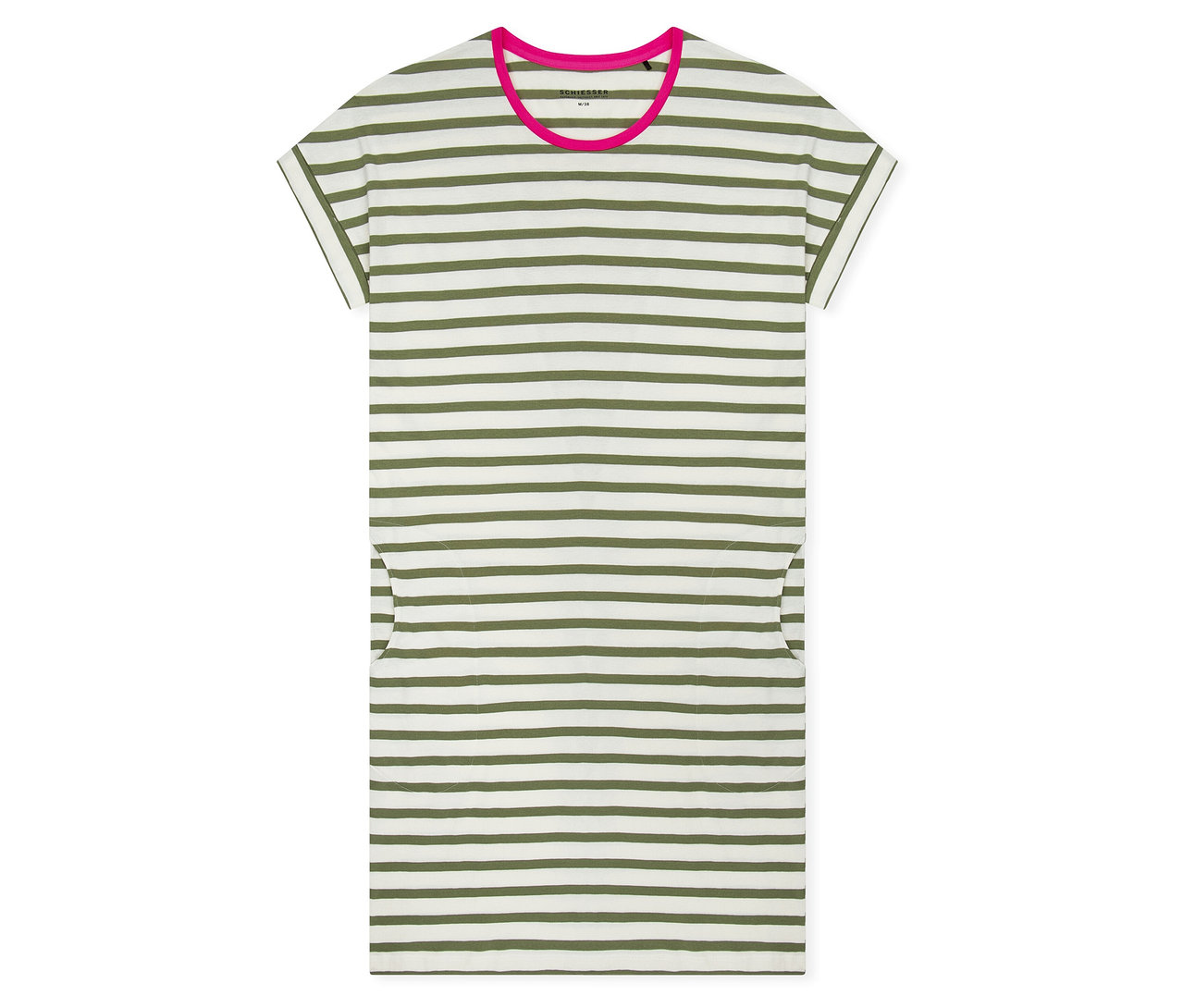 SCHIESSER Nachthemd, weiß mit olivgrünen Streifen, pinkem Rundhalsausschnitt, kurzen Ärmeln und zwei Seitentaschen.