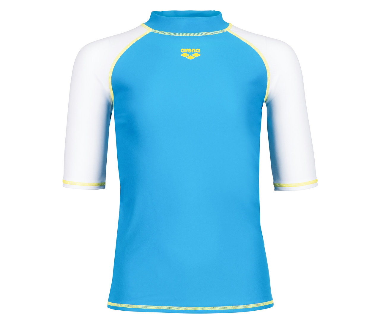 Blaues Arena-Shirt mit weißen Ärmeln und gelben Akzenten.