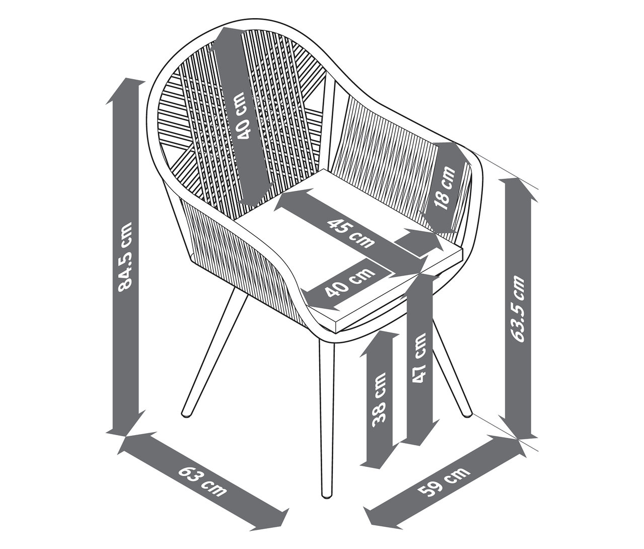 Detaillierte schematische Darstellung eines Gartenstuhls mit Textil-Kreuzgeflecht, inklusive Maßangaben.