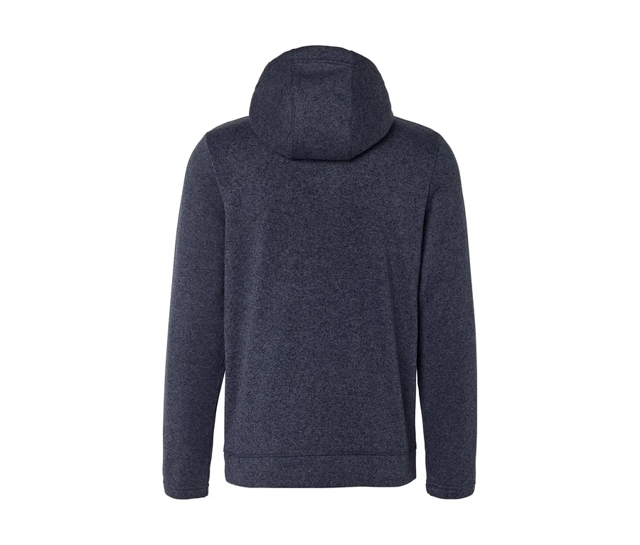 Dunkelblauer, melierter Kapuzenpullover, Rückansicht, mit Kapuze und langen Ärmeln.
