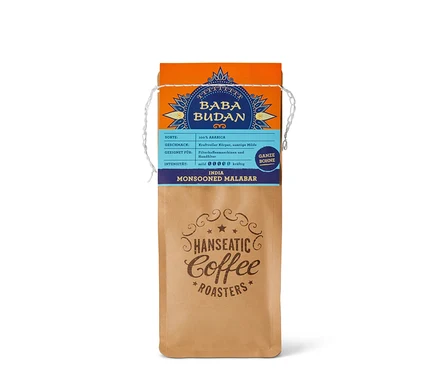 Eine Packung Hanseatic - Baba Budan Filterkaffee - 250 g ganze Bohne.