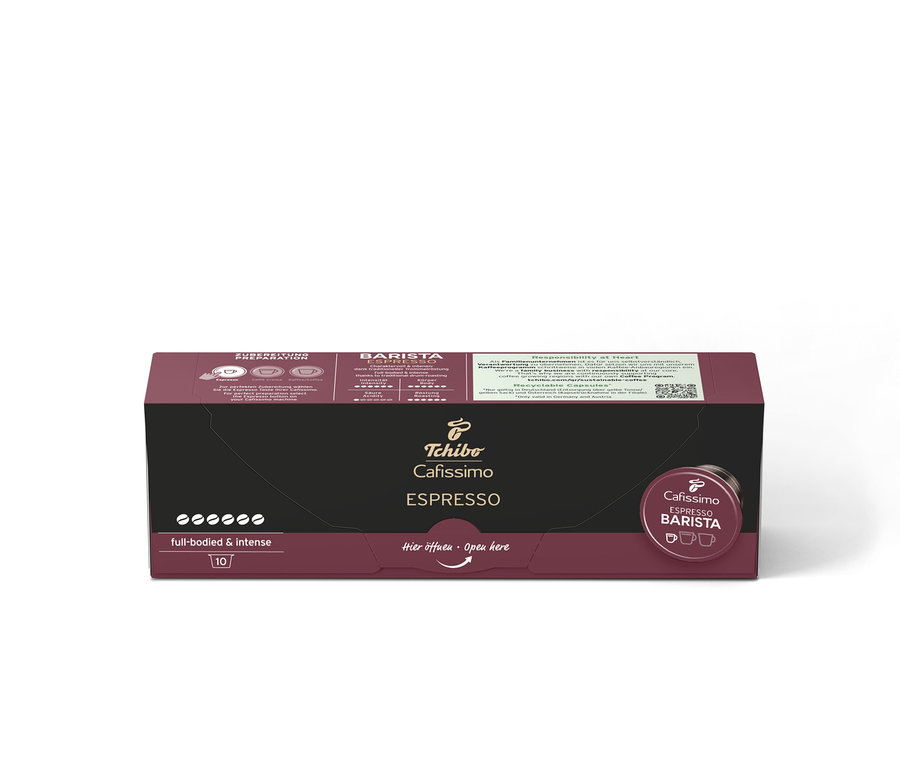 Eine Packung Cafissimo BARISTA Espresso mit 10 Kapseln. Die Verpackung ist dunkelbraun mit einem schwarzen Mittelteil und dem Schriftzug Cafissimo ESPRESSO.