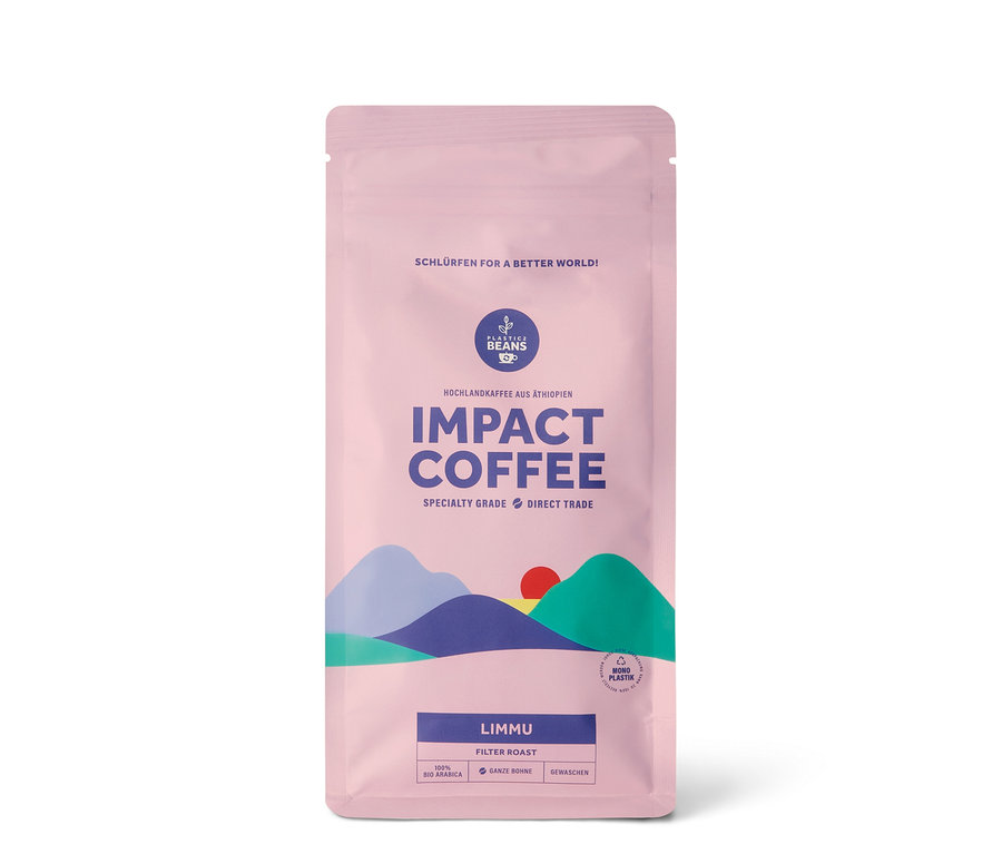 Rosa Packung IMPACT COFFEE - Limmu Omni-Roast Bio - 250 g Ganze Bohne mit Abbildung von Bergen.