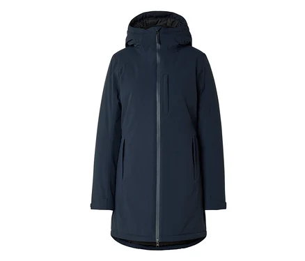 Dunkelblaue lange Jacke mit Kapuze, durchgehendem Reißverschluss, einer vertikalen Brusttasche und zwei Seitentaschen.