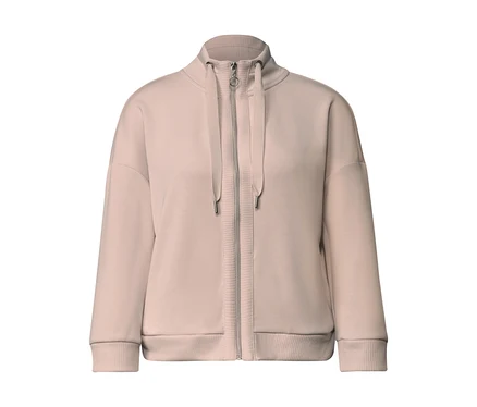 Street One Sweatjacke in Hellrosa mit Stehkragen, Reißverschluss und gerippten Bündchen.