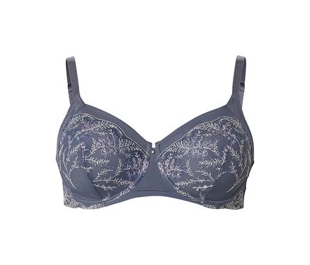 Grauer BH mit floralen Stickereien.