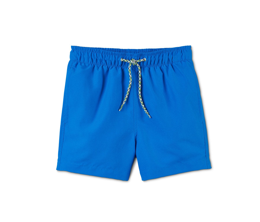 Neonblaue Kinder-Badeshorts mit Kordelzug.