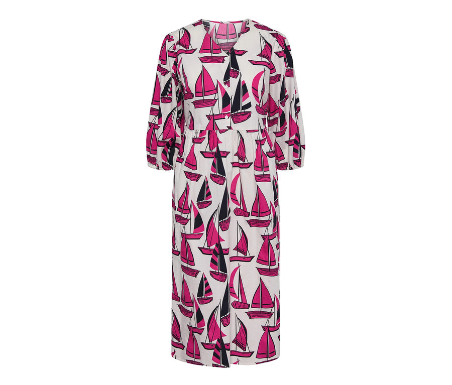 Midikleid mit Print von pinken und schwarzen Segelbooten auf weißem Grund.