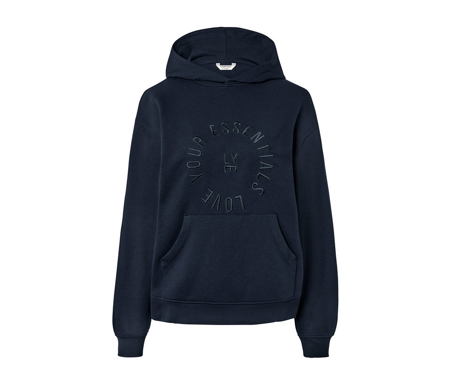 Dunkelblauer Hoodie mit Schriftzug.