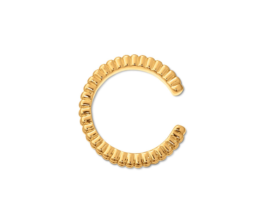 Goldener Earcuff mit Perlenstruktur auf weißem Hintergrund.