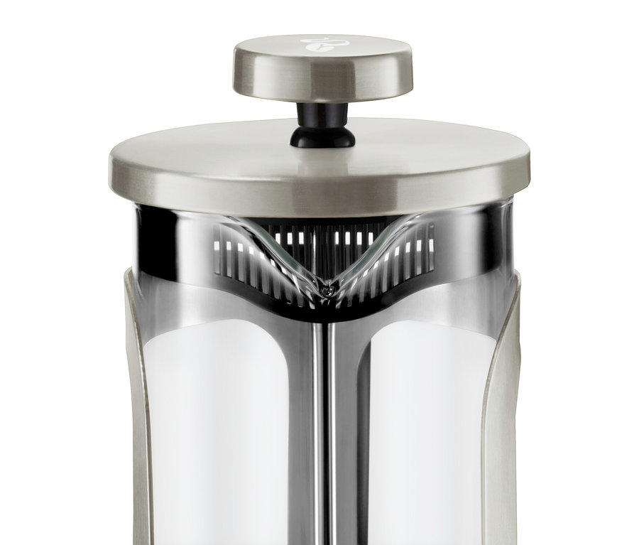 Detail einer silbernen Siebstempelkanne 300 ml für 2 Tassen.