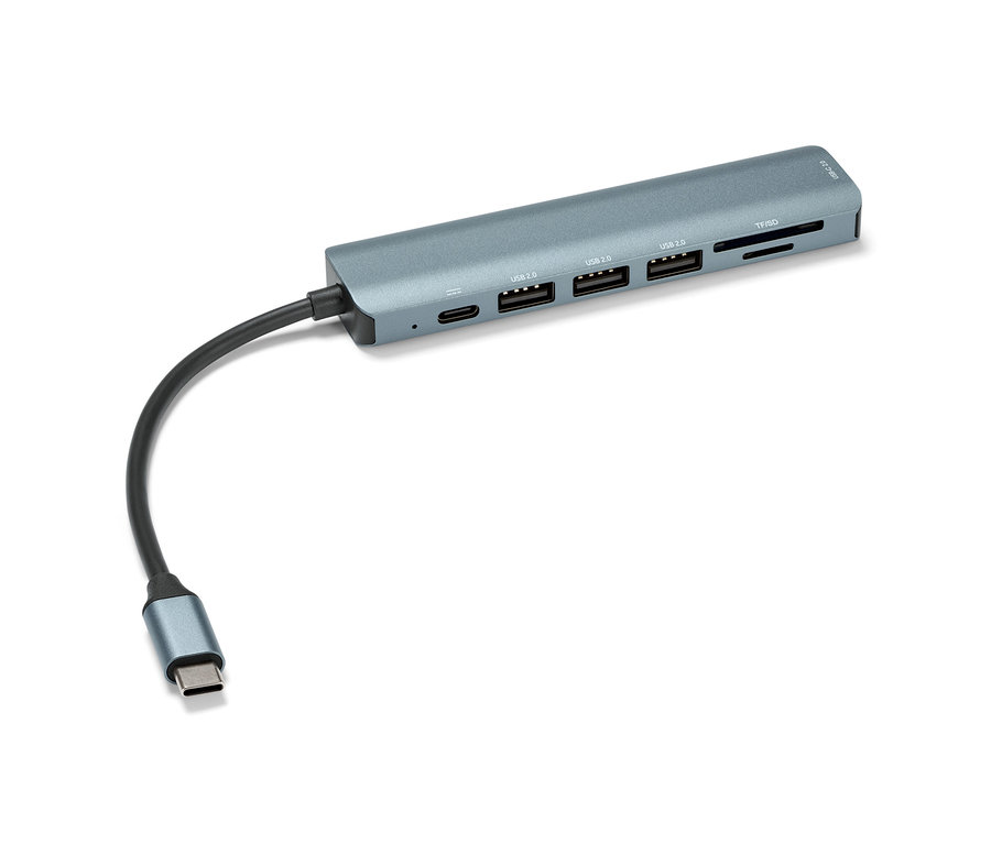 Ein grauer USB-Verteiler mit angeschlossenem Kabel.