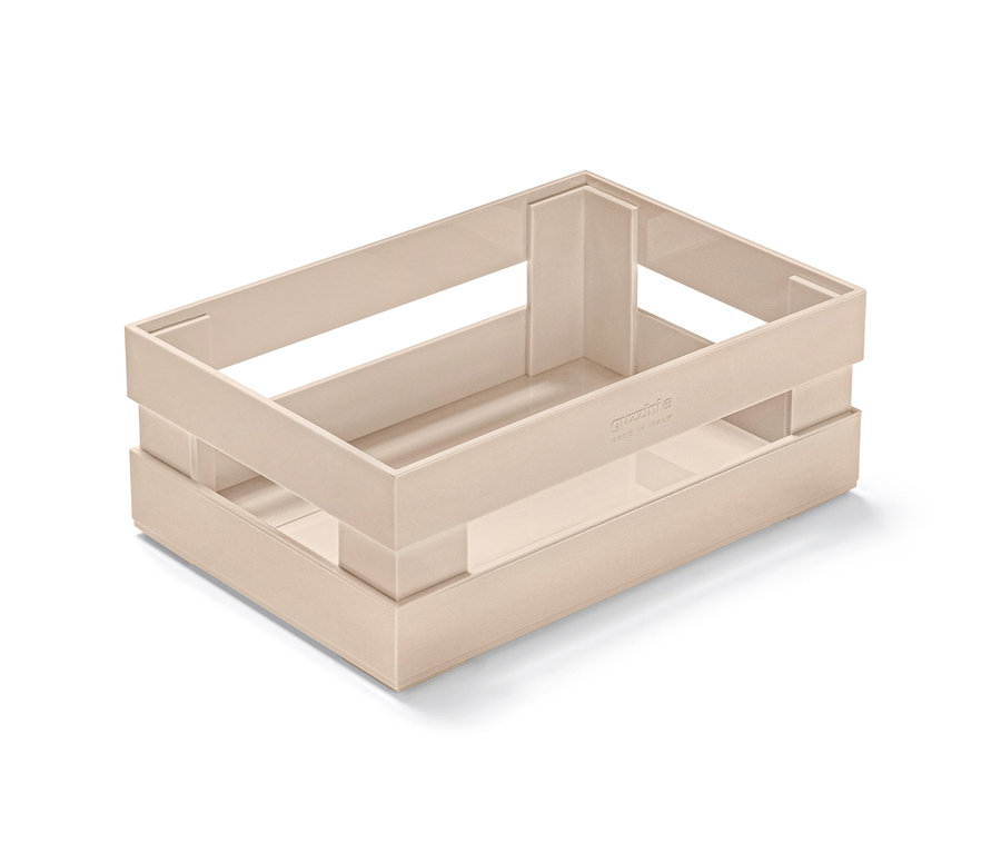 Eine beigefarbene Aufbewahrungsbox.