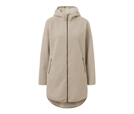 Beiger Teddyfleece-Mantel mit Reißverschluss und Kapuze.