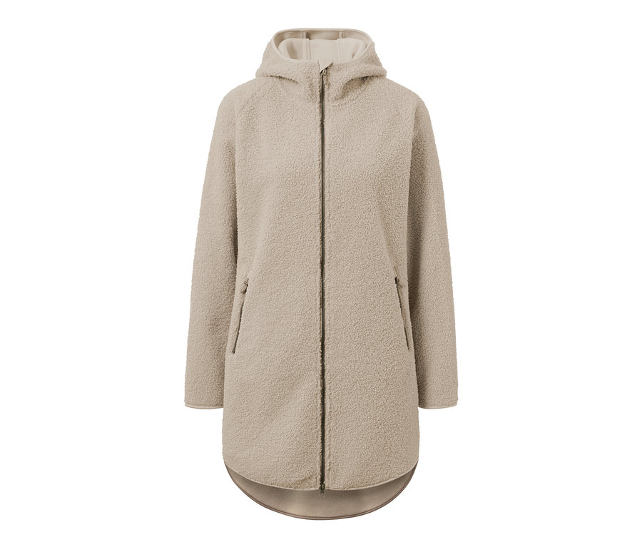 Beiger Teddyfleece-Mantel mit Reißverschluss und Kapuze.