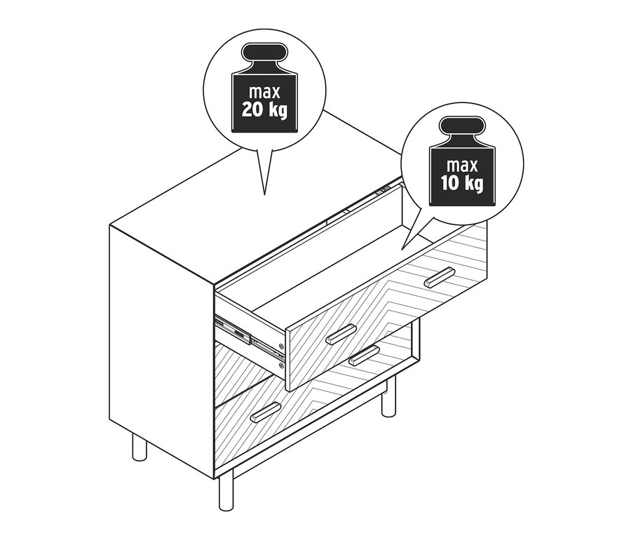 Illustration einer Schubladenkommode aus Eschenholz mit dekorativen Fronten, wobei eine Schublade geöffnet ist.