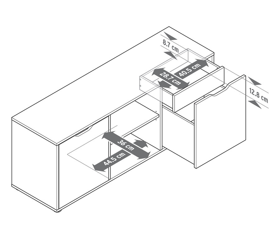 Sideboard mit Schubladen, offener Schublade und Tür sowie Maßangaben.