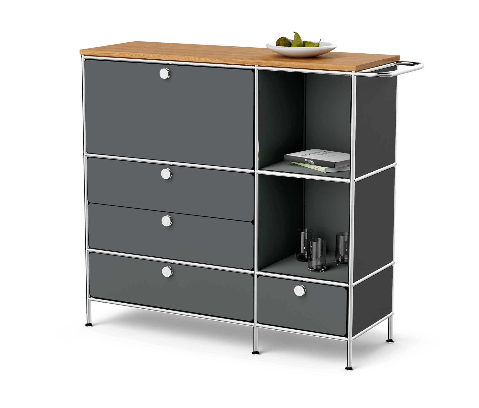 Graues Sideboard Metall »CN3« mit Holzplatte, 1 Klappenfach und 4 Schubladen.