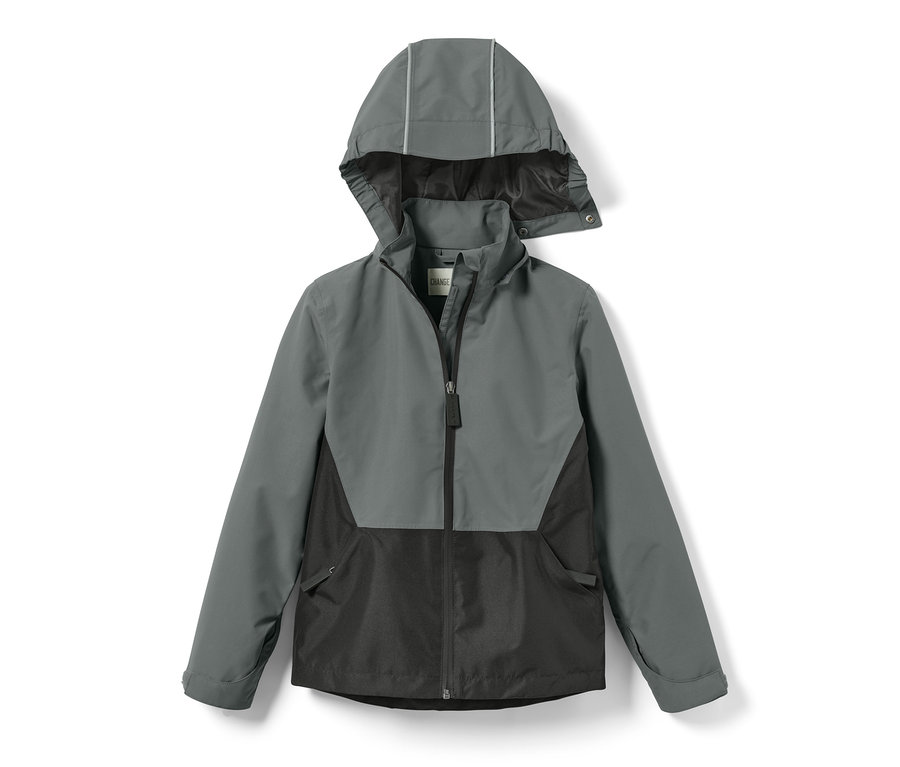 Graue und schwarze Kinder-Regenjacke.