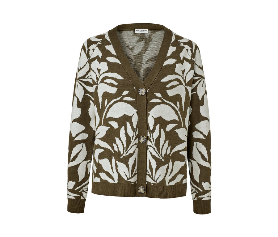 Grüner Grobstrick-Cardigan mit Jacquard Muster aus weißen Blättern.