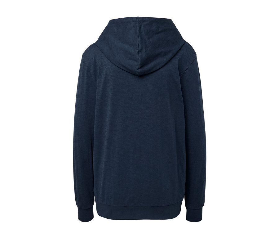 Rückansicht eines navyfarbenen Jersey-Hoodies.