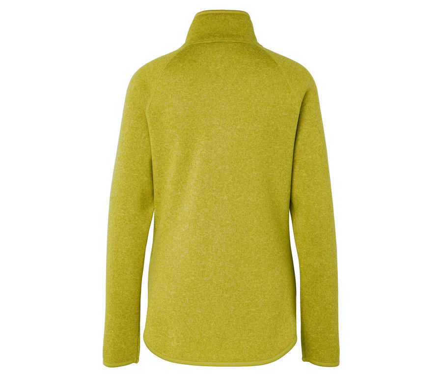 Rückansicht eines gelbgrünen Fleece-Pullovers mit Reißverschluss.