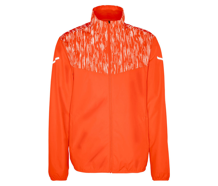 Orangefarbene Jacke mit Reißverschluss und weißem Muster im oberen Bereich.