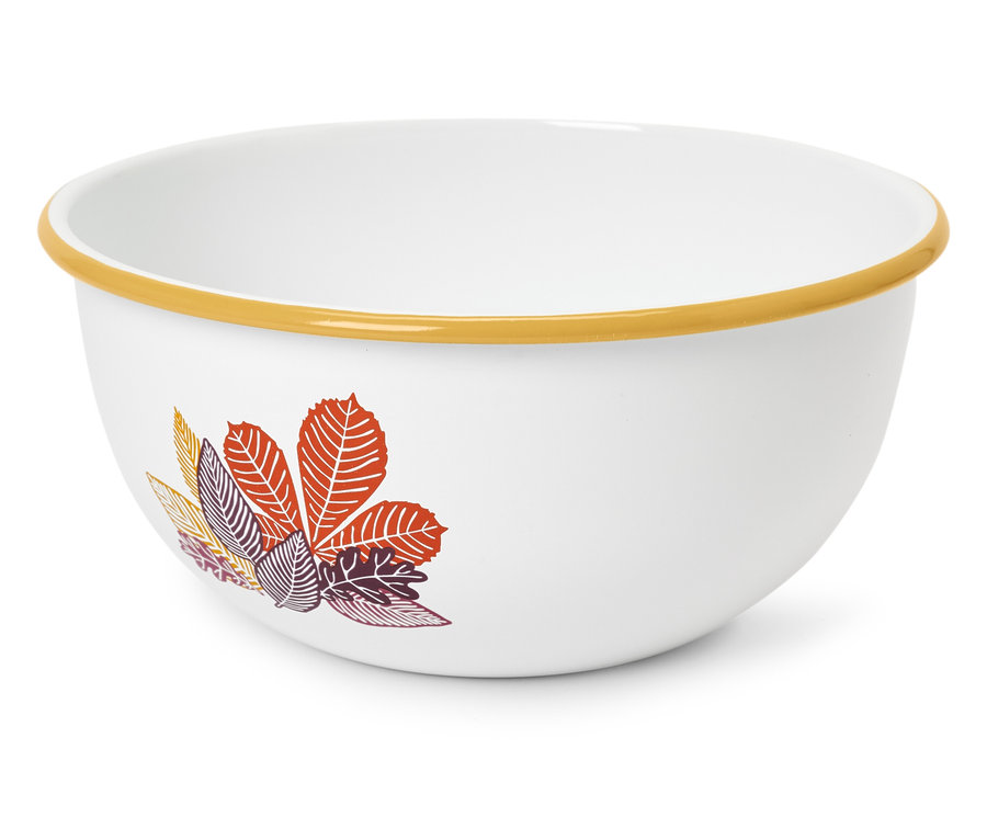 Weiße Schüssel mit Herbstlaubmotiv und gelbem Rand.