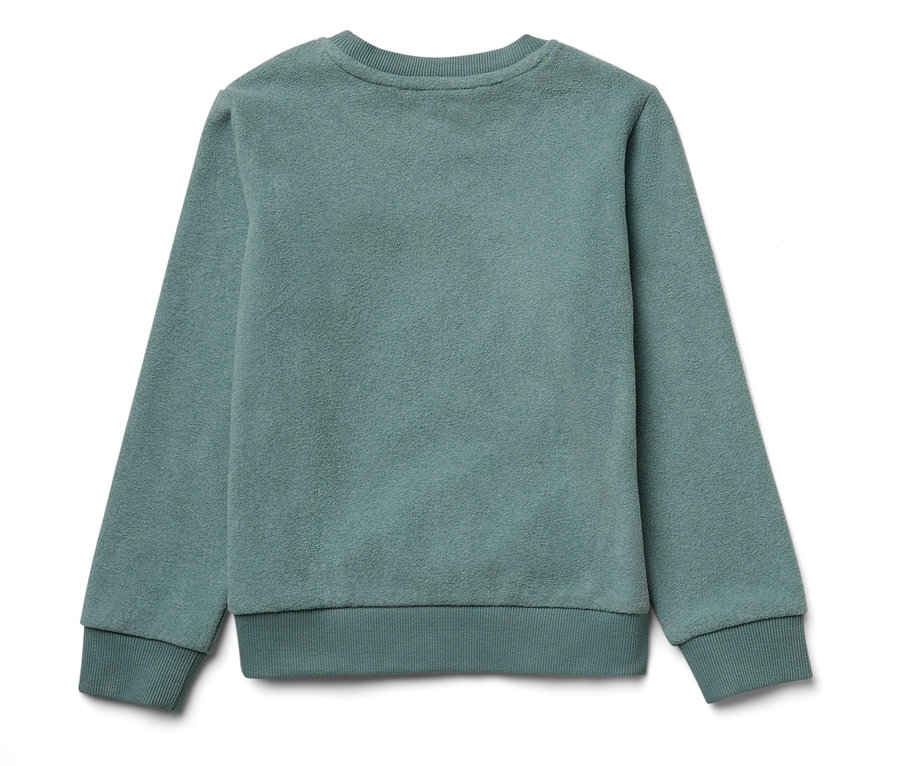 Detailansicht eines hellblauen Pullovers.