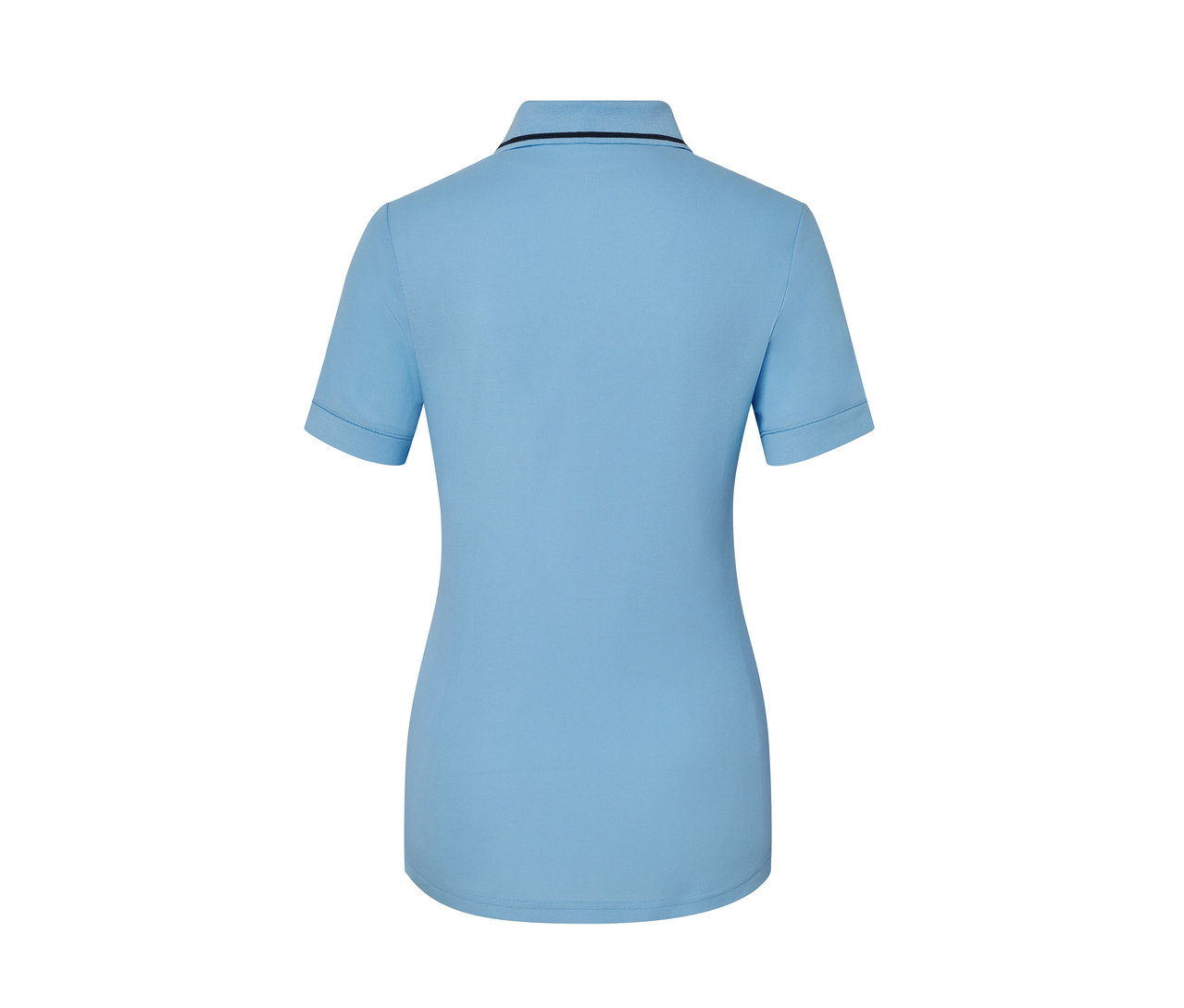 Rückansicht eines hellblauen Funktionspoloshirts.