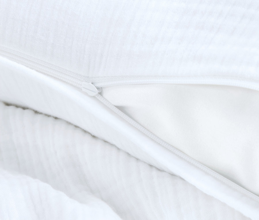 Detailaufnahme eines weißen Bettbezugs mit geöffnetem Reißverschluss.