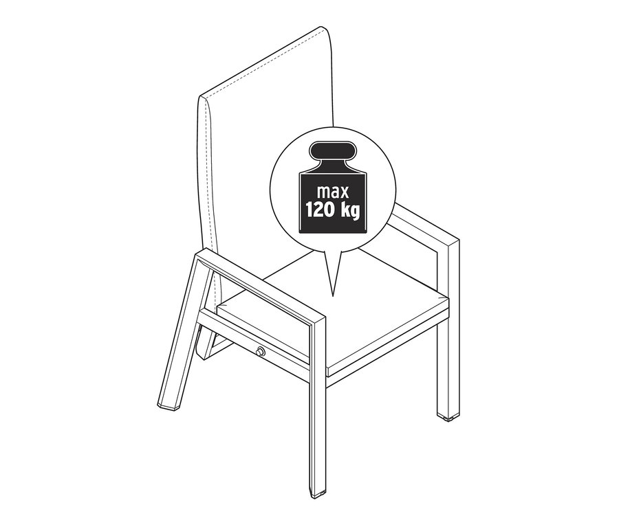 Skizze eines Hochlehners mit einer maximalen Belastbarkeit von 120 kg.