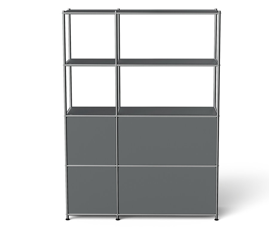 Graues modulares Regal mit silbernem Rahmen.