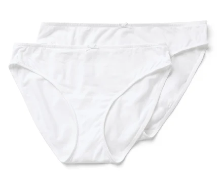 Zwei weiße Damen Slips mit Schleifen.