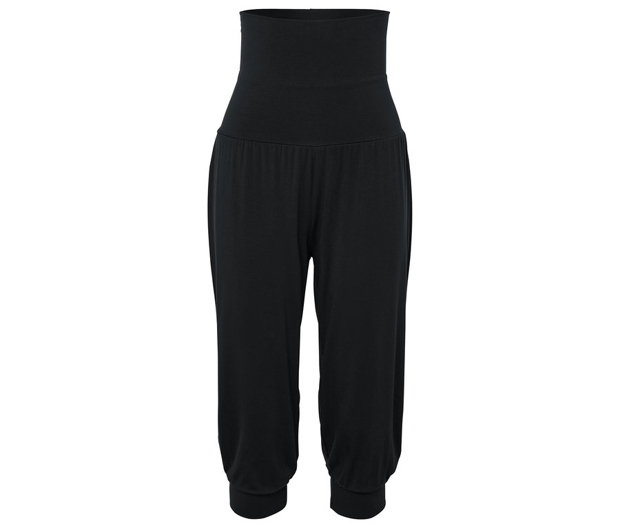 Schwarze Haremshose mit hohem Bund.