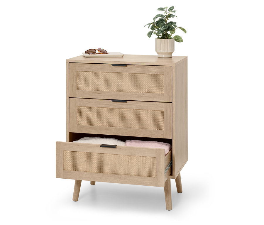 Kommode mit drei Schubladen, die oberste Schublade ist geöffnet.