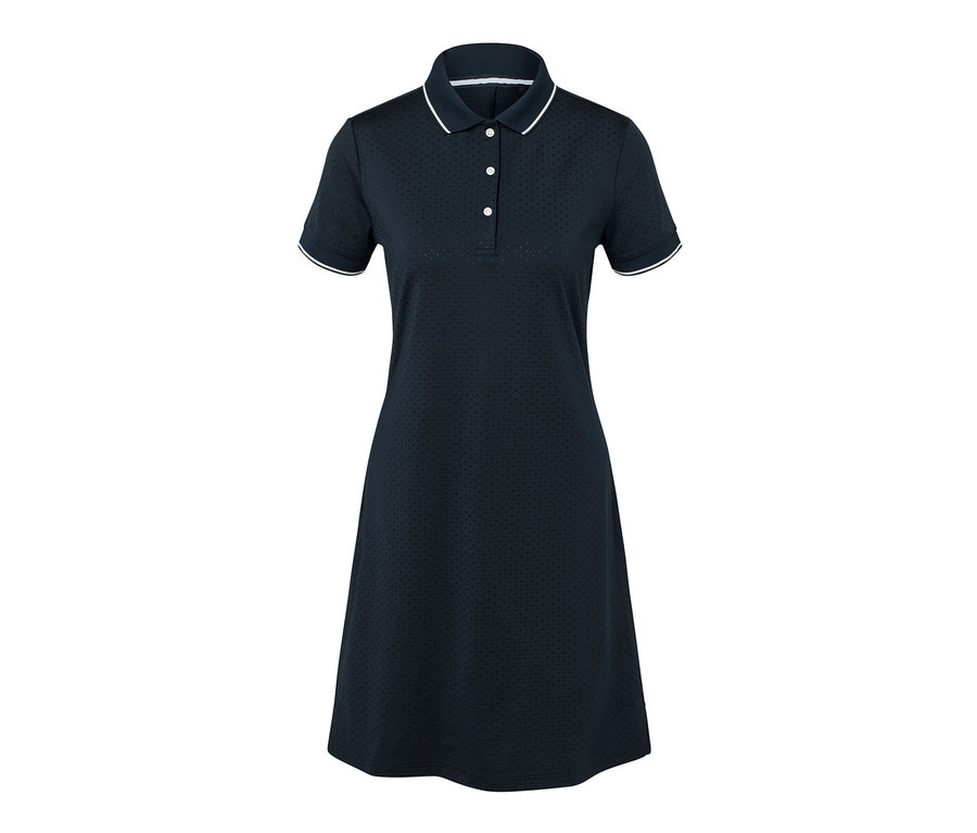 Dunkelblaues Sportkleid mit weißer Bordüre.