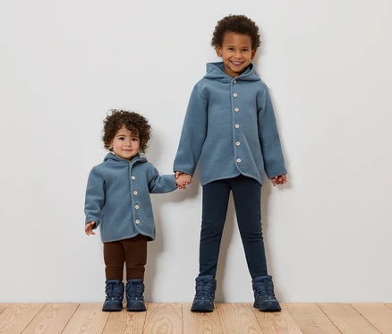 Zwei Kinder halten Händchen. Beide tragen blaue Mäntel und Stiefel.