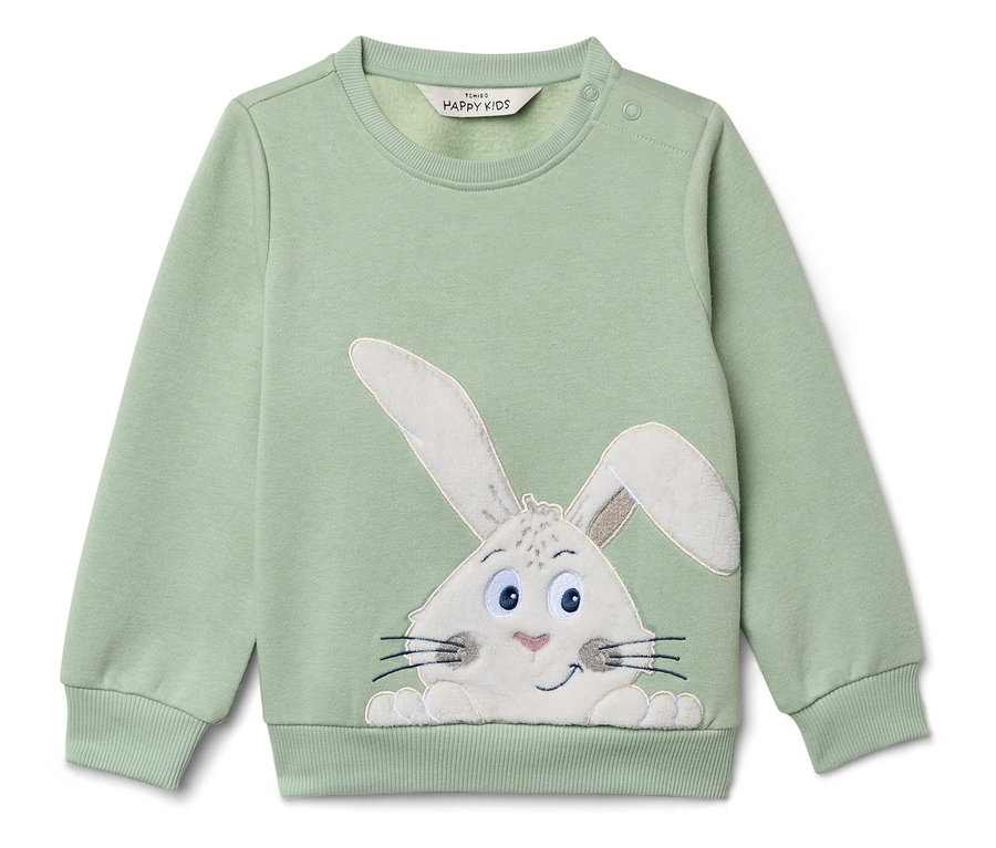 Grünes Sweatshirt mit Hasenapplikation.