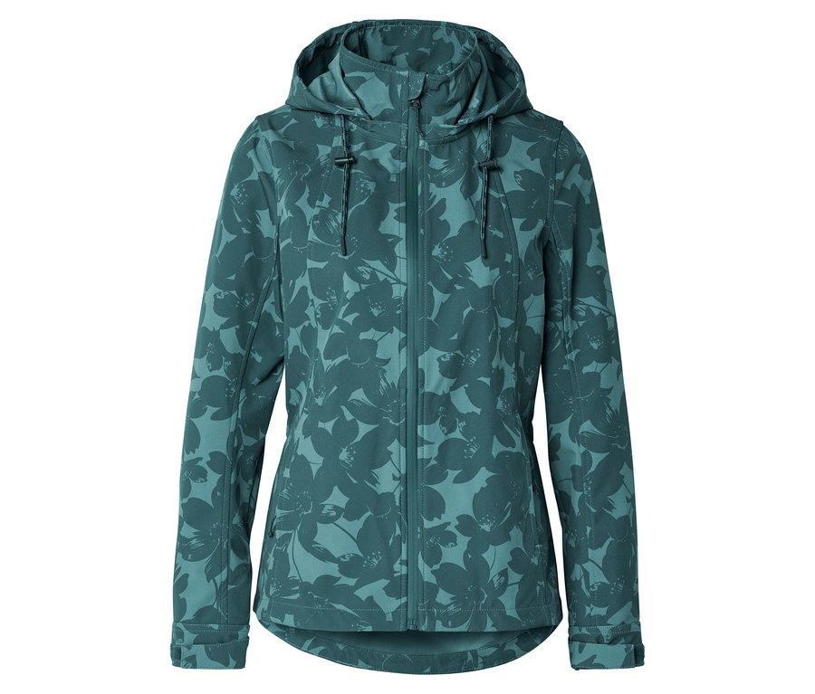 Dunkelgrüne Softshelljacke mit floralem Muster und Kapuze.