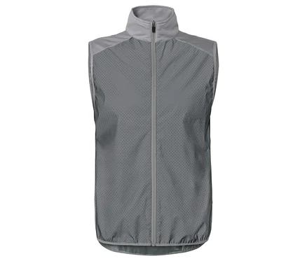 Graue, ärmellose Jacke mit Reißverschluss und Stehkragen, perforiertem Stoff im unteren Bereich und glattem Stoff im oberen Bereich.