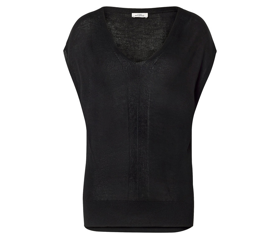 Schwarzes, leichtes Strickshirt mit V-Ausschnitt, kurzen Ärmeln und geripptem Saum.